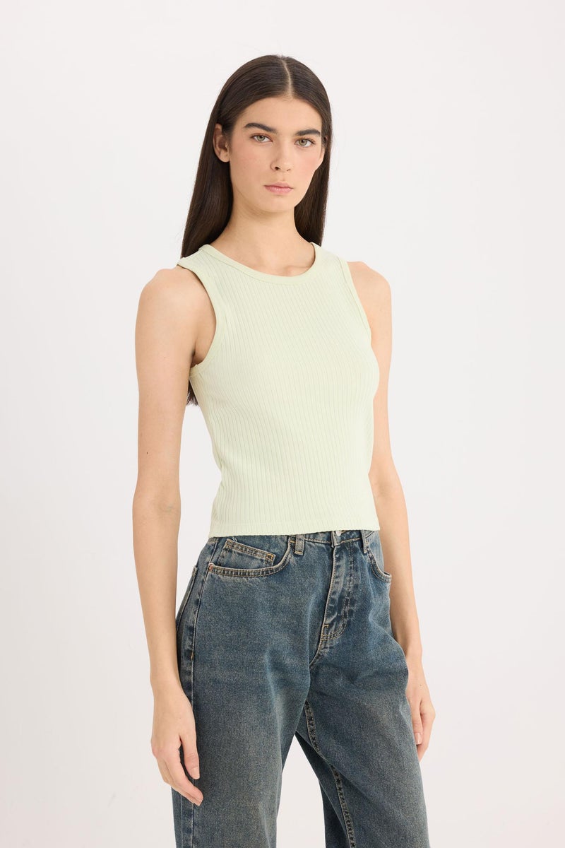 DeFacto Green Woman Slim Fit Halter Neck Basic Ribbed Camisole Tank Top Casual - Image 3
